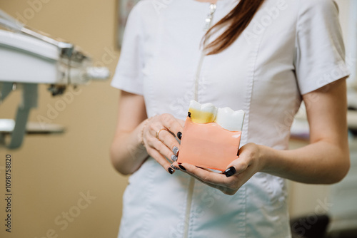 Dentist holding a tooth model to explain oral health and gum disease prevention to a patient photo