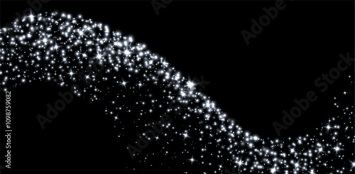 White stars and sparkles, magic star dust background, light effect with flares. Shiny silver particles, glowing shimmer. Holiday decoration. Vector illustration.