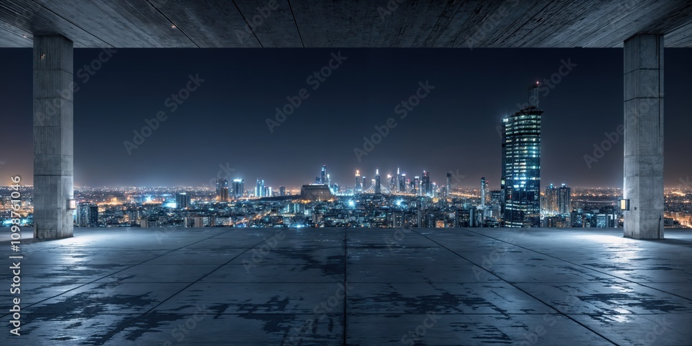 Obraz premium Empty concrete square platform overlooking riyadh skyline by night