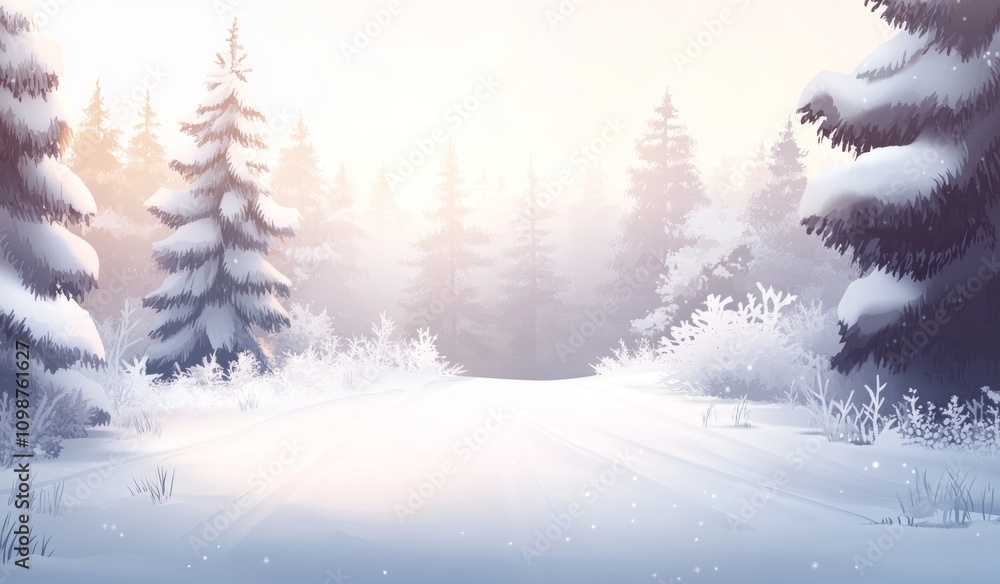 Fototapeta premium Background of snow and frost with forest landscape in winter