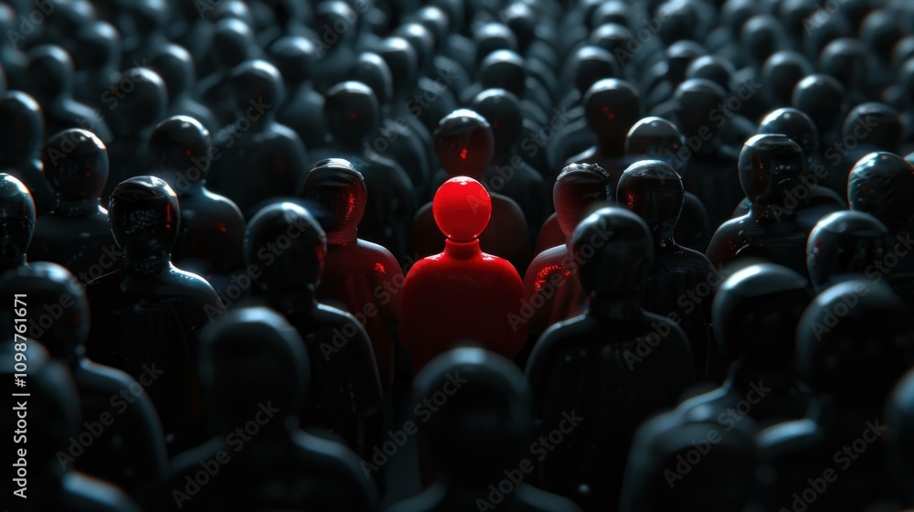 Obraz premium Unique red figure standing out among dark silhouettes, representing individuality and the courage to be different in a crowd.