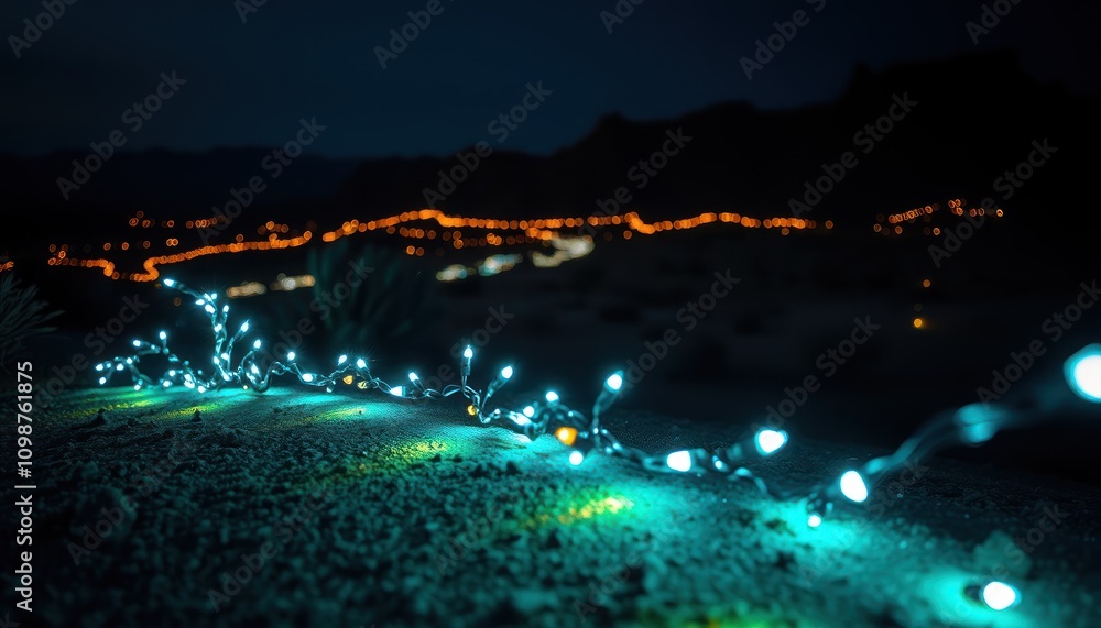 Obraz premium Night lights illuminate a desert landscape with a blurred town in the background.