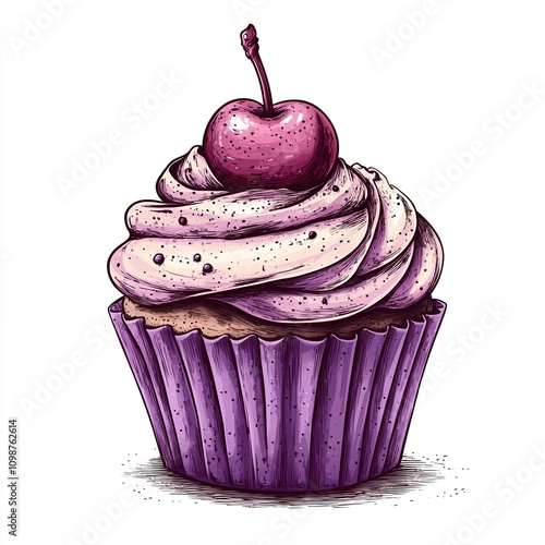 Delicious Purple Cupcake Topped With a Cherry and Swirls of Frosting Arranged Elegantly