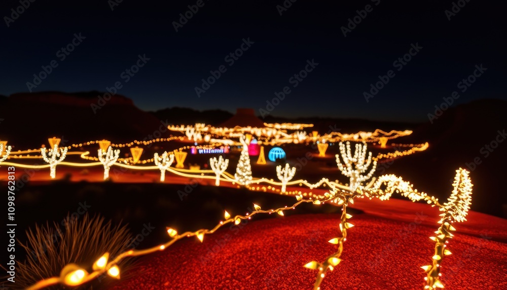 Fototapeta premium Night view of illuminated desert landscape with Christmas lights outlining cacti and trees.