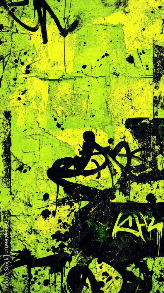 Naklejka premium Vibrant abstract graffiti art with neon green and black splashes, creating a dynamic urban feel.