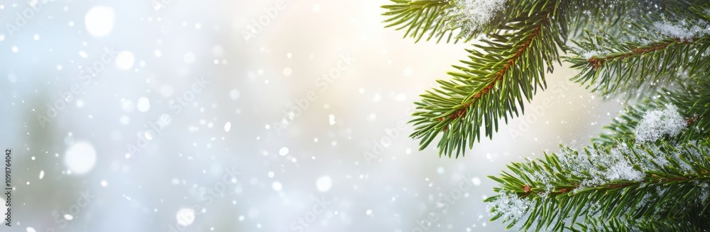 Obraz premium The green branches of a fir tree are close up, showing the Christmas and winter season.