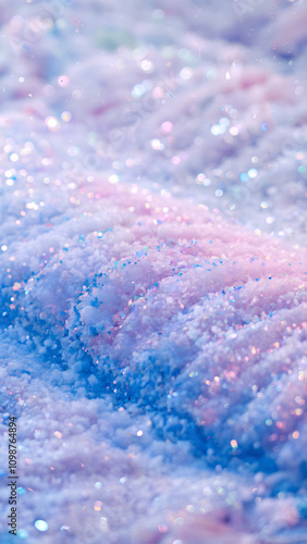 A close-up macro photo of a glittery snow surface with  a shimmering effect. The colors range from soft pastels to vibrant hues, with a predominant blue and pink.