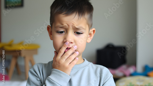 child closing his mouth with hands, speech problems, stammering, mumbling.  Childhood trauma, traumatic experience. Psychological assistance, children rescue. Silent cry for help. photo