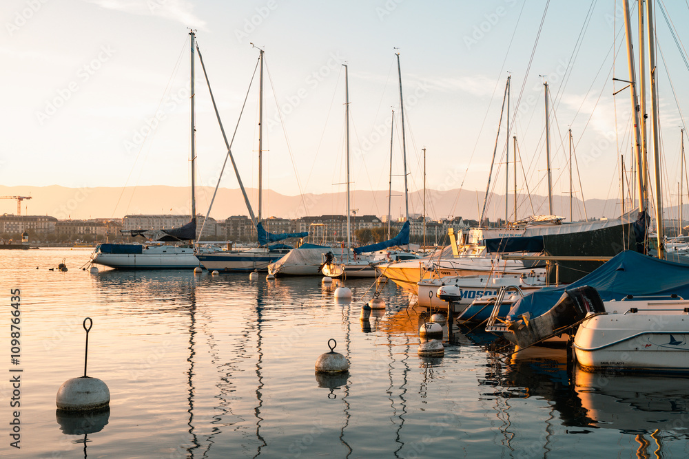 Obraz premium le port des Eaux-Vives a u coucher du soleil, Genève, 