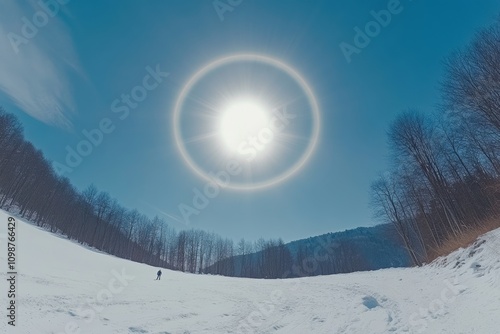 A halo effect is visible around the morning sun in winter, inversions of the clouds, and trees covered in snow photo