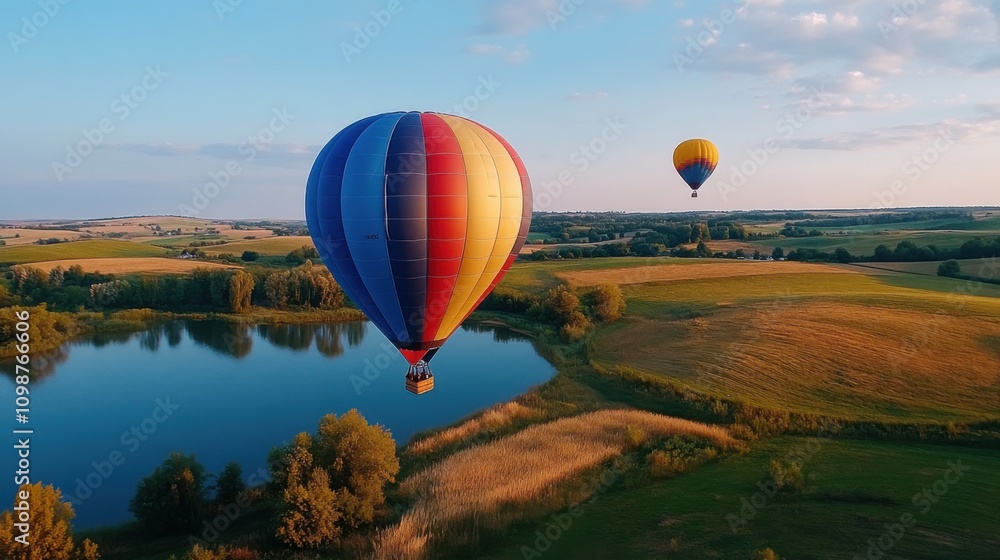 Obraz premium Colorful Hot Air Balloons Over Serene Lake and Lush Green Fields at Golden Hour