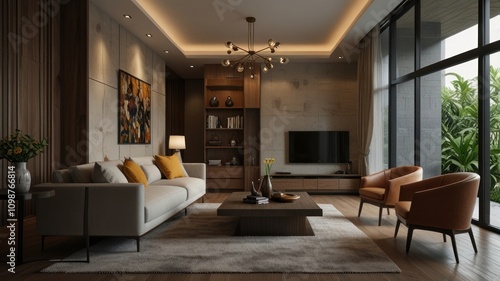 Wallpaper Mural Modern living room with beige sofa, wooden coffee table, and large windows. Torontodigital.ca