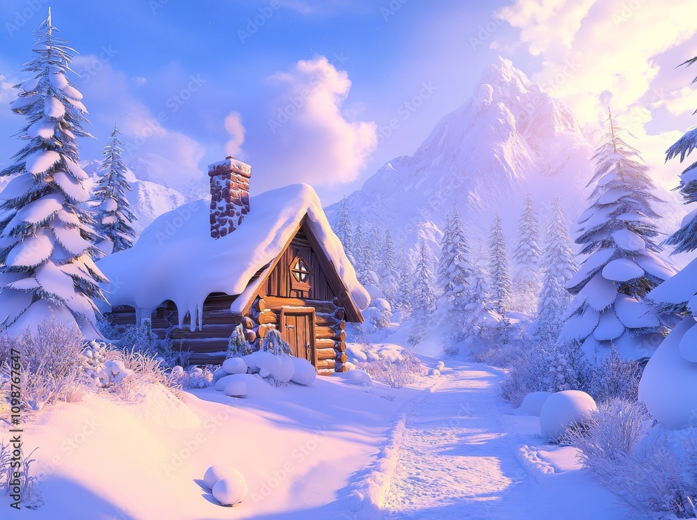 Fototapeta premium During a winter wonderland, a rustic cabin is surrounded by snow