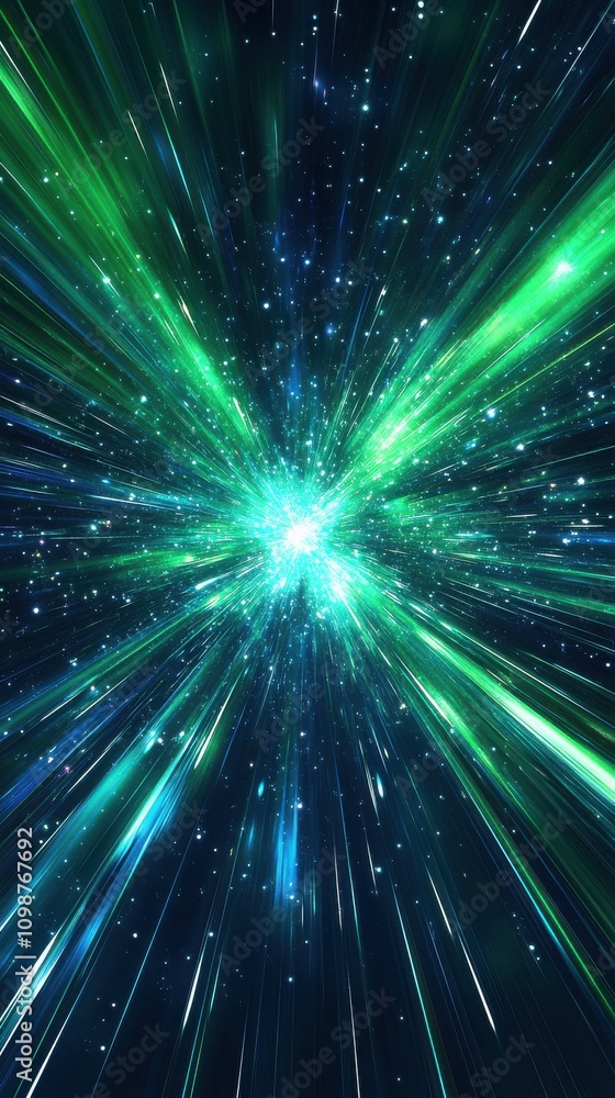 Fototapeta premium A mesmerizing explosion of light and color, featuring vibrant green and blue streaks radiating from a central point.