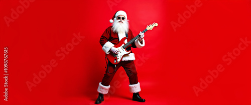 Santa Claus plays an electric guitar against a vibrant red background, blending holiday spirit with music and fun. A modern twist on Christmas tradition, capturing joy and festivity.

