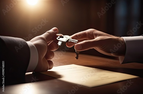 A symbolic image of a key handover, with two hands exchanging keys over a document, representing trust, ownership transfer, or agreement, under warm lighting for an official and positive tone photo