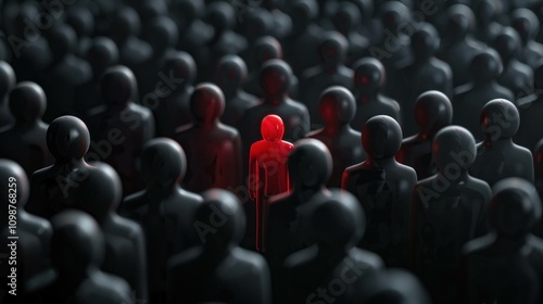 A single red figure stands out among a crowd of dark, faceless silhouettes, symbolizing individuality and the struggle for recognition in society.