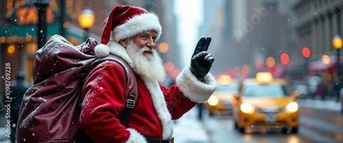 Santa Claus, dressed in traditional red suit, waves cheerfully on a bustling city street during winter. Yellow taxis and festive decorations create a vibrant holiday atmosphere.

 photo