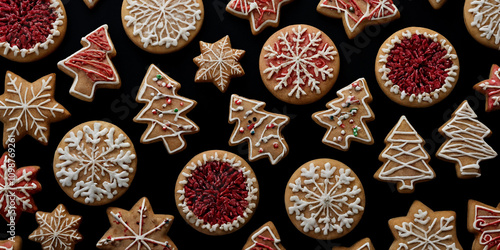 Weihnachtskekse mit kunstvoller Glasur und roten Akzenten in festlichen Formen photo