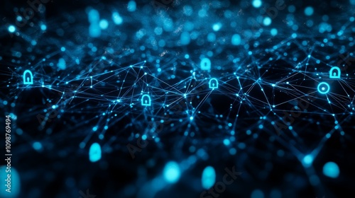 A futuristic technological landscape featuring a digital data network with glowing locks to illustrate cyber security and data protection.