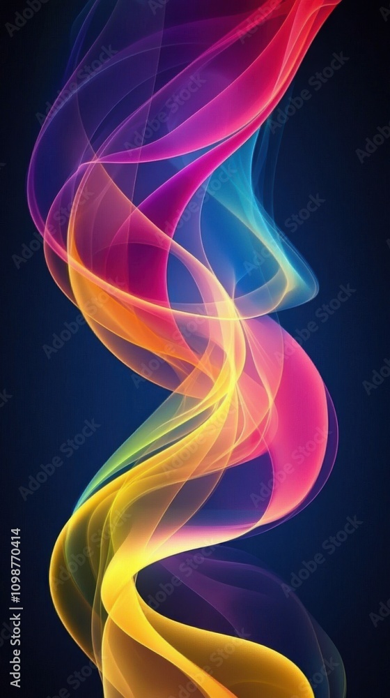 Fototapeta premium A vibrant abstract swirl of colorful smoke in shades of pink, purple, yellow, and blue against a dark background.