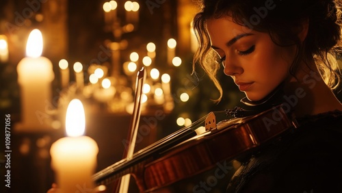 Woman playing the violin surrounded by candlelight photo