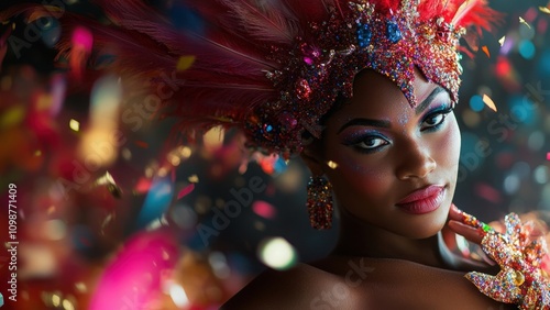 Colorful Carnival Costume with Feathered Headdress and Glittering Details
