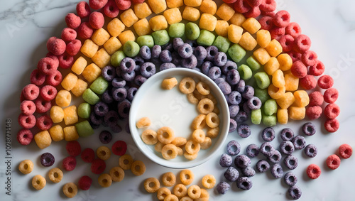 Creative kids breakfast idea, vibrant and playful arrangement of colorful cereal rings forming a rainbow arc around a bowl of milk photo