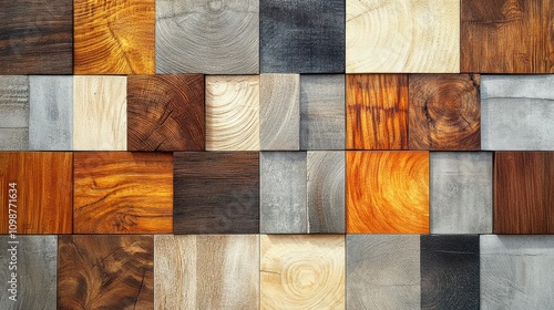 Decorative mosaic wood veneer tiles scaled against abstract wood texture photo