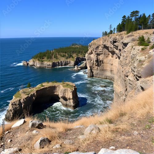 The steep coast of the island, grots. Berezan (Borysthenes; Pirezin) is an island in the Black Sea at the entrance of the Dnieper-Bug Estuary, Ochakiv Raion, Mykolaiv Oblast, Ukraine. photo