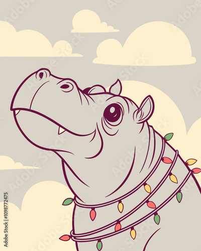 Playful Hippo Illustration with Christmas Lights Vector Art Whimsical Environment Cheerful Concept