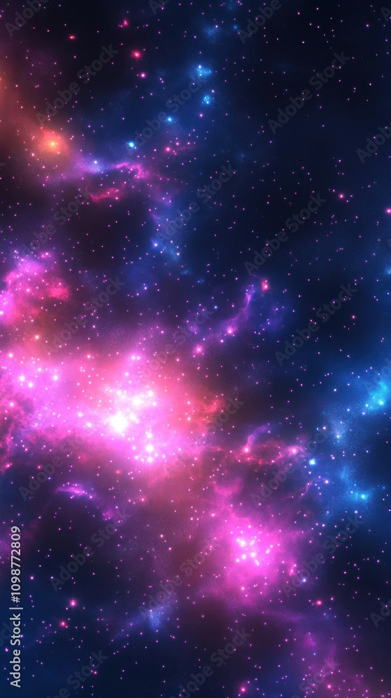 Obraz premium Vibrant cosmic nebula filled with pink and blue hues against a starry backdrop, creating a mesmerizing space scene.