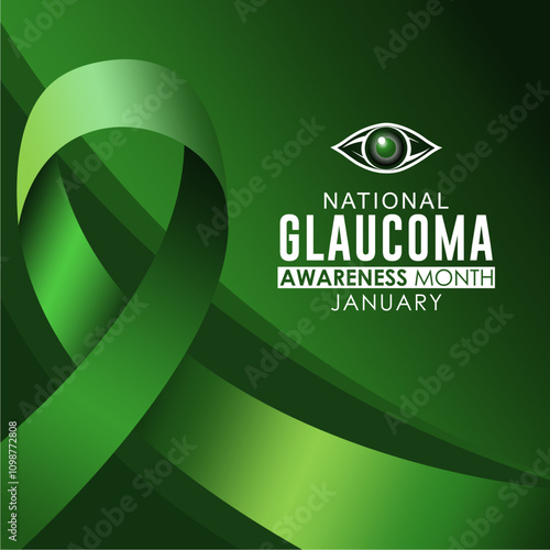 National Glaucoma Awareness Month vector template. January is National Glaucoma Awareness Month vector. Human eye with wavy green awareness ribbon vector. Background, banner, card, poster design.