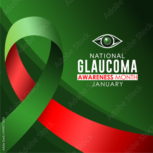 National Glaucoma Awareness Month vector template. January is National Glaucoma Awareness Month vector. Human eye with wavy green and red awareness ribbon vector. banner, card, social media posts