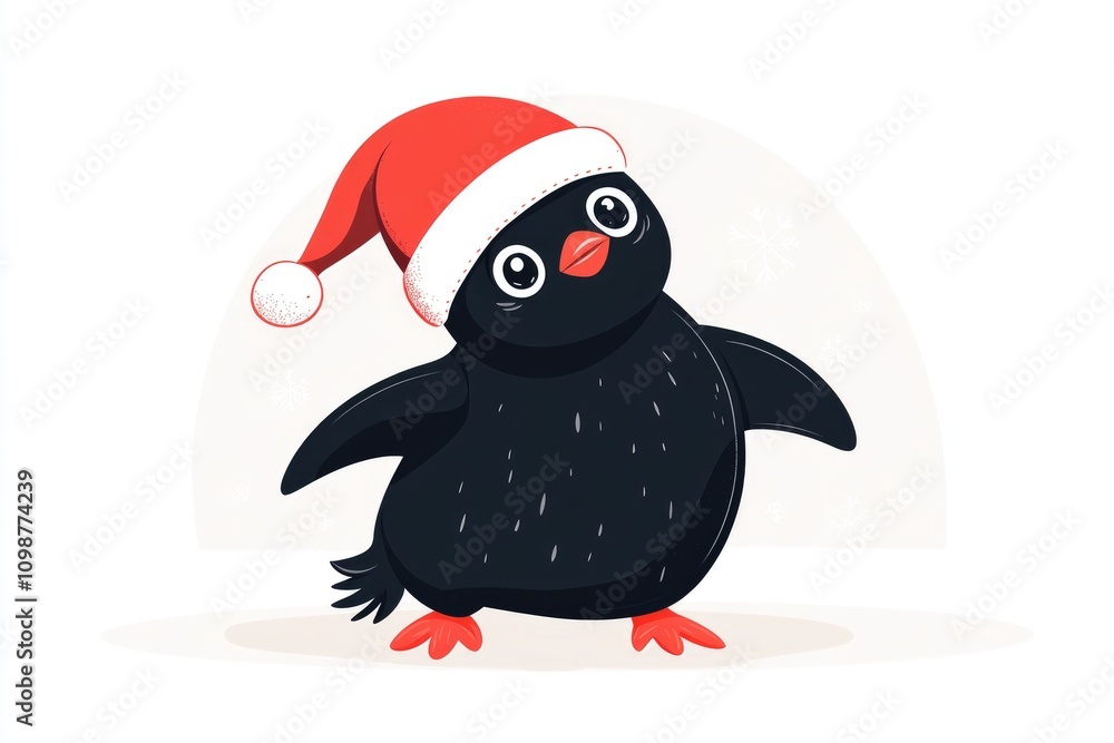 Fototapeta premium Dressed in a bright red Santa hat, a delightful penguin stands joyfully against a light winter backdrop, embodying the spirit of holiday cheer and enchantment during the snowy season