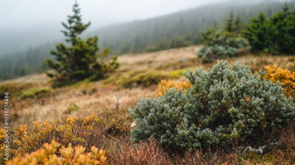 Obraz premium Vibrant hardy shrubs with green and golden hues scattered across a misty landscape, surrounded by lush forests and rolling hills.