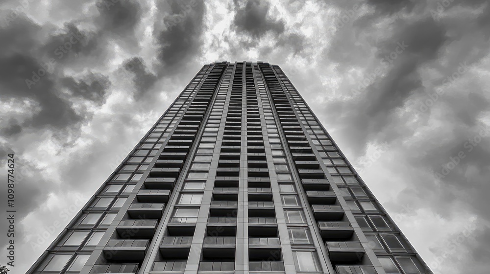 Fototapeta premium Sleek modern skyscraper with a glass facade, captured from a low angle against a dramatic cloudy sky in black and white.