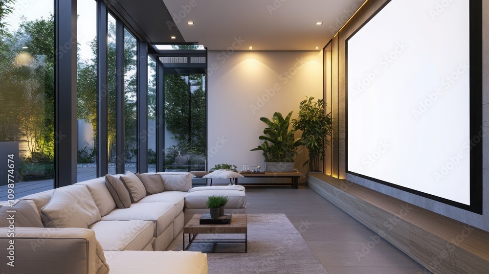 Fototapeta premium enormous blank wall screen in a cozy modern living room, soft ambient lighting