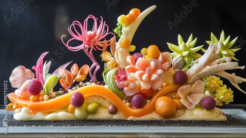 A masterfully crafted fruit and vegetable sculpture showcasing vibrant colors and intricate designs, resembling a floral display of culinary artistry. photo