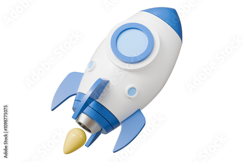 3d Space rocket flying icon. Minimal Toy rocket launch icon on isolated blue background. Successful startup, financial growth, space business, new innovation, new idea, new think concept. 3d render.