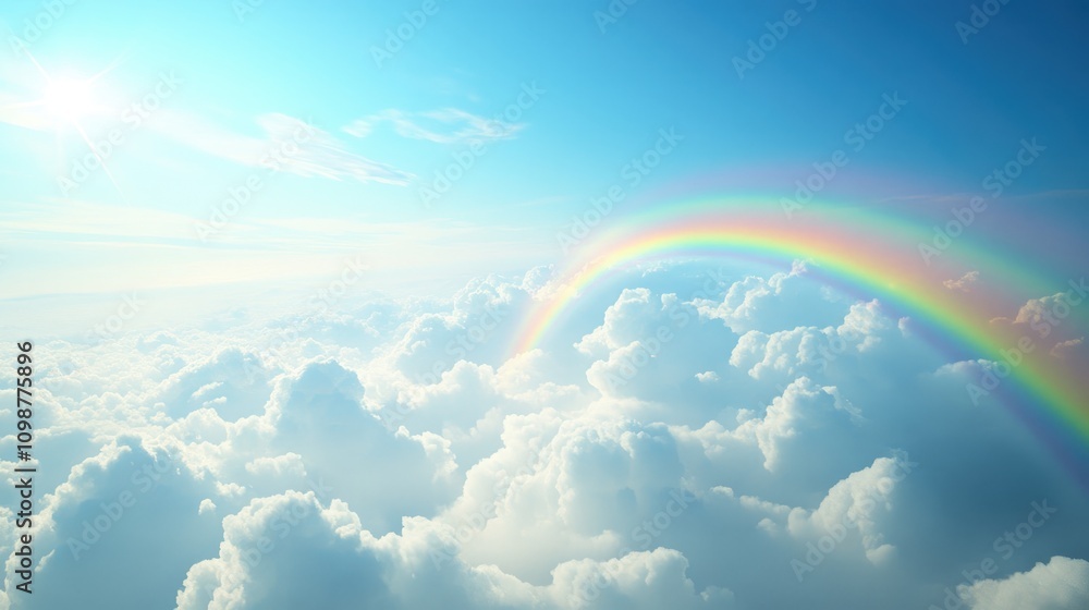 Fototapeta premium Vibrant 3D Cartoon Rainbow Arcing Over Fluffy Clouds in a Bright Blue Sky Enhance your creative projects with this whimsical and colorful depiction of a rainbow amidst soft, billowy clouds.