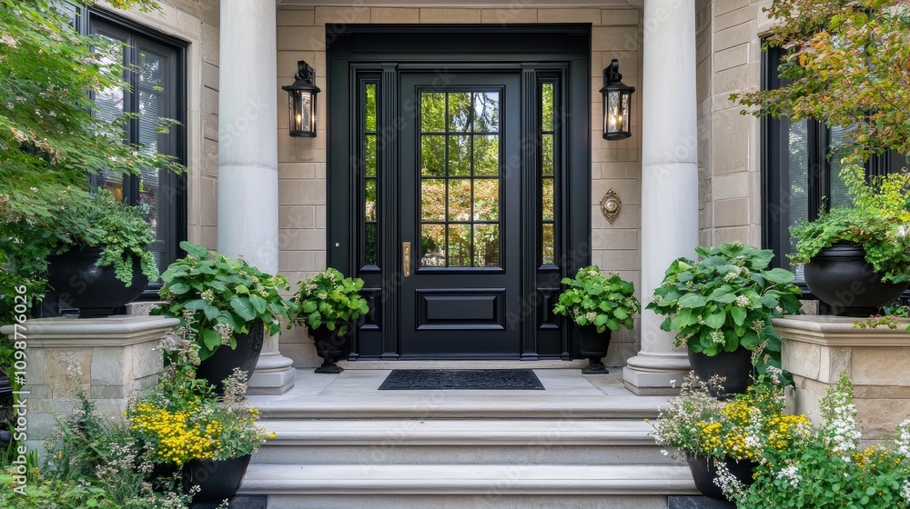 Fototapeta premium Elegant black entrance door with glass panels, flanked by stone columns and lush potted plants, creating a welcoming and sophisticated entryway.