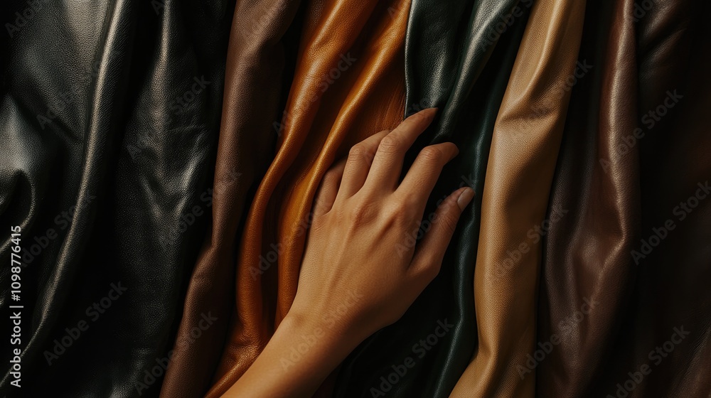 Obraz premium A hand selecting premium leather from an array of deep brown, tan, and black tones, showcasing the artistry of bespoke luxury leather craftsmanship.