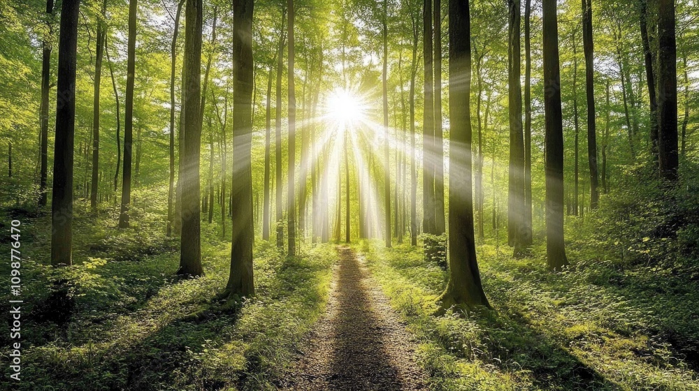 Obraz premium Sunlight streaming through lush green trees, illuminating a tranquil forest path with vibrant foliage and a serene atmosphere.
