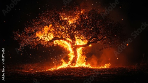 fire burning tree in the middle at night photo