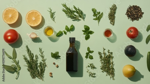 Flat lay of fresh herbs, oils, and vibrant produce arranged on a mint green background with ample space for additional design elements or text.