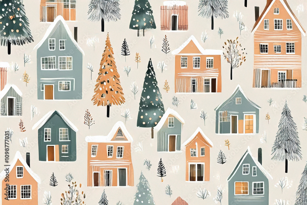 Naklejka premium Snowy Christmas Homes and Outdoor Winter Patterns 