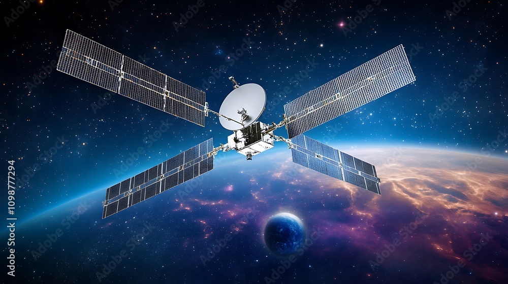 Naklejka premium A communication satellite gliding silently in orbit, set against a vivid space scene with stars and a faint view of a distant planet. 