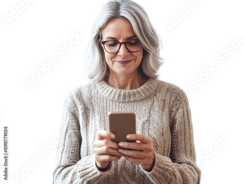 Wallpaper Mural Middle aged woman using her smartphone internet social on white background Torontodigital.ca