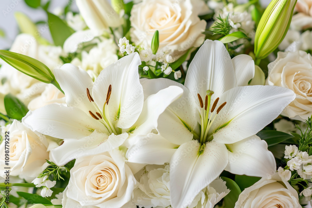Fototapeta premium White lilies and roses in an elegant floral bouquet